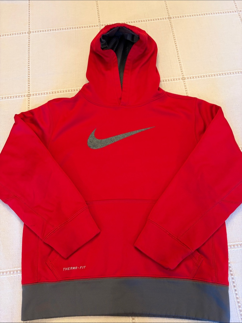 Nike Red Kids Hoodie with Gray Swoosh and Hem